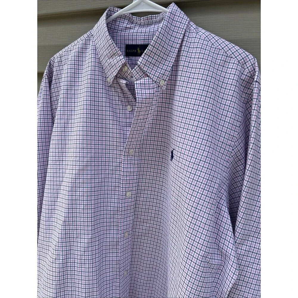 Polo Ralph Lauren Men’s Shirt Men 16.5 Pink Navy Check Button Down Preppy Pony